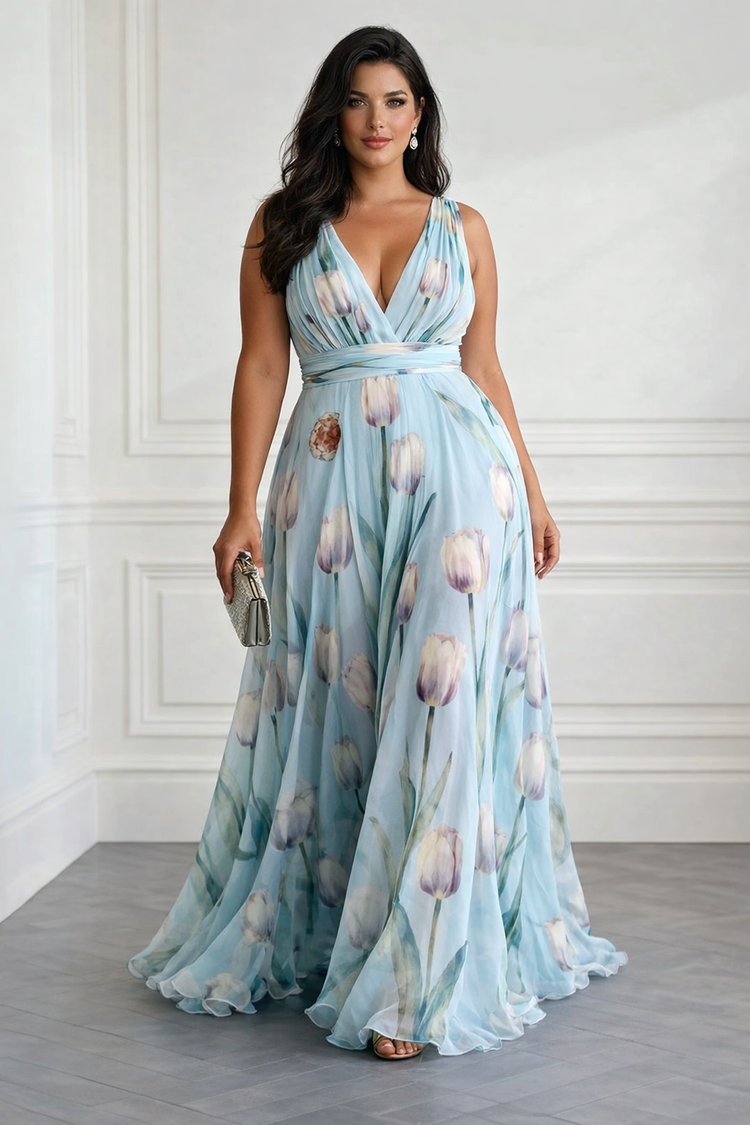 Nerea - Elegáns Tulipán Nyomat V-nyakú Maxi Ruha