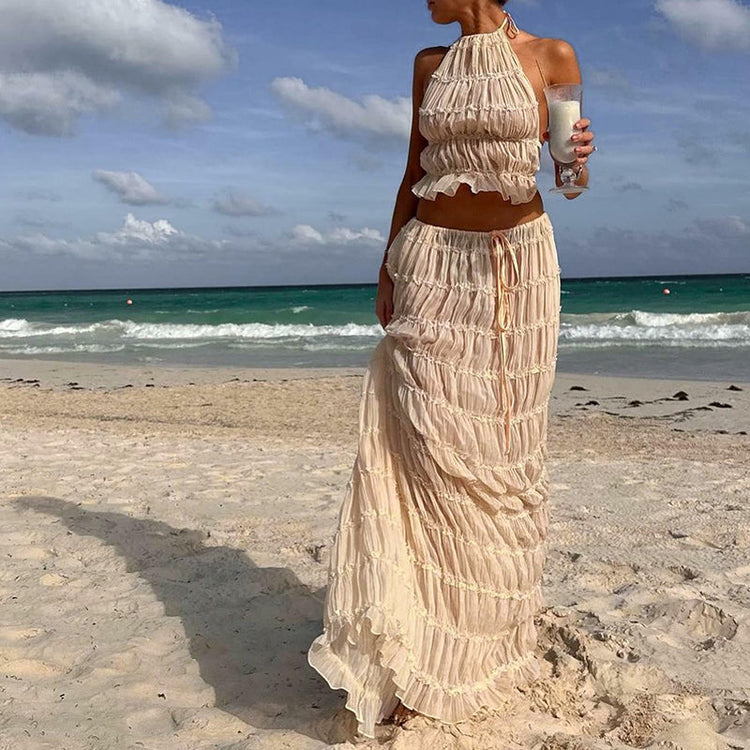 Odalys™ | Boho Ráncolt Nyakpántos Hátfitt Maxi Szett
