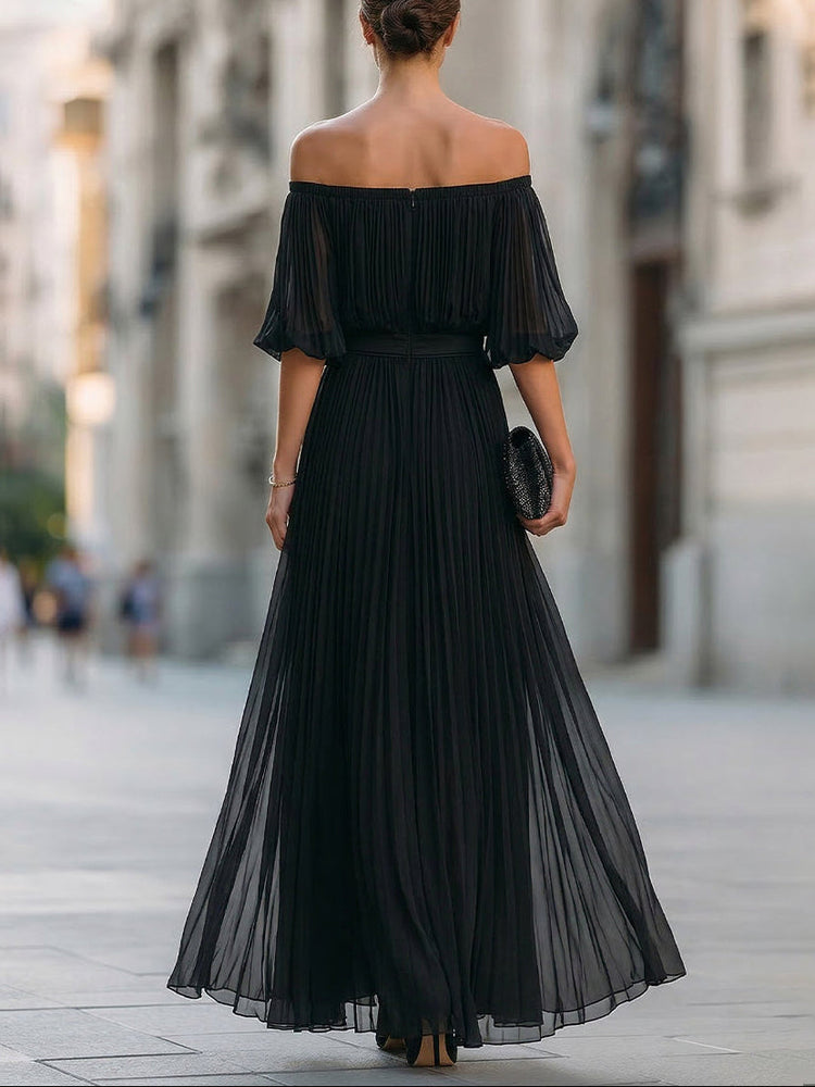Annetta - Fekete Vállatlan Ráncolt Sifon Maxi Ruha