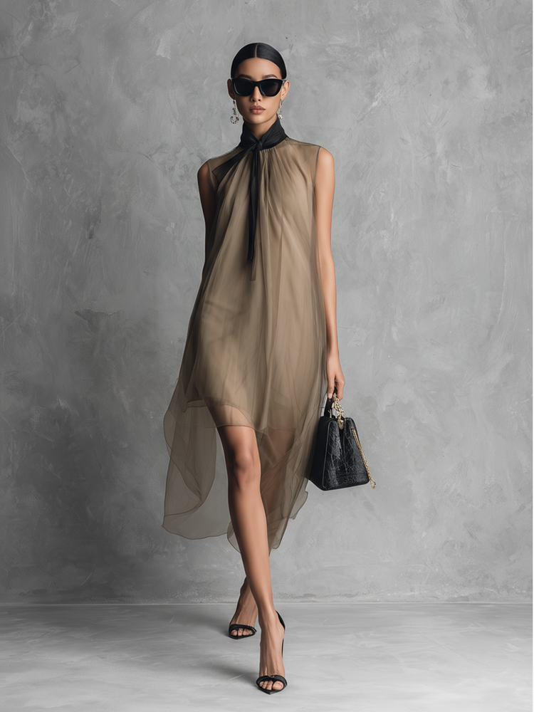 Beatrice - Könnyű Luxus Two-tone Khaki És Barna Sifon Ujjatlan Ruha