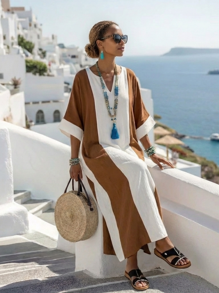 Calindra | Rövid Ujjú Szín Blokk Laza Maxi Ruha