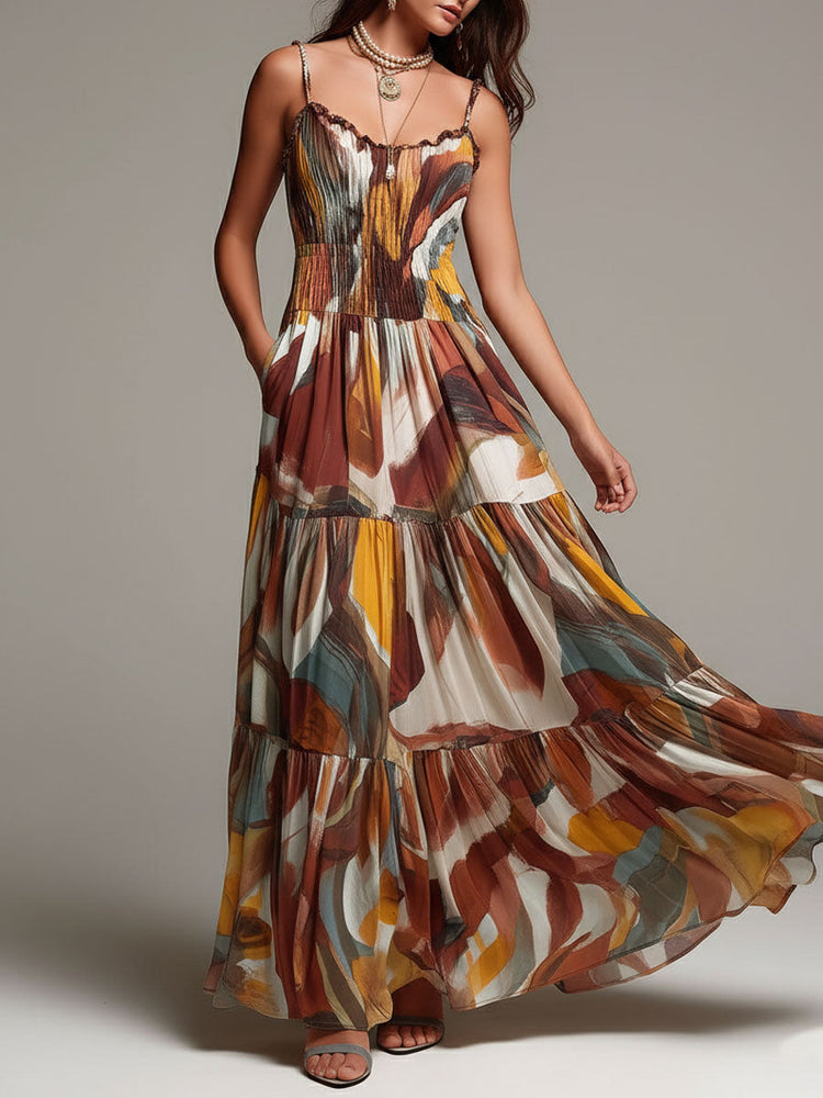 Celine - Boho Absztrakt Többszínű Ráncolt Felsőrész Maxi Ruha